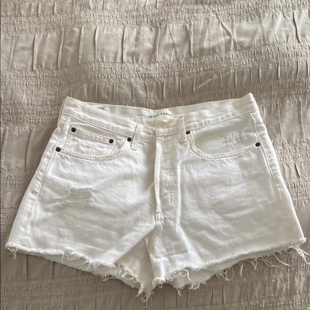 Denim Forum White Jean Shorts Frayed Hem